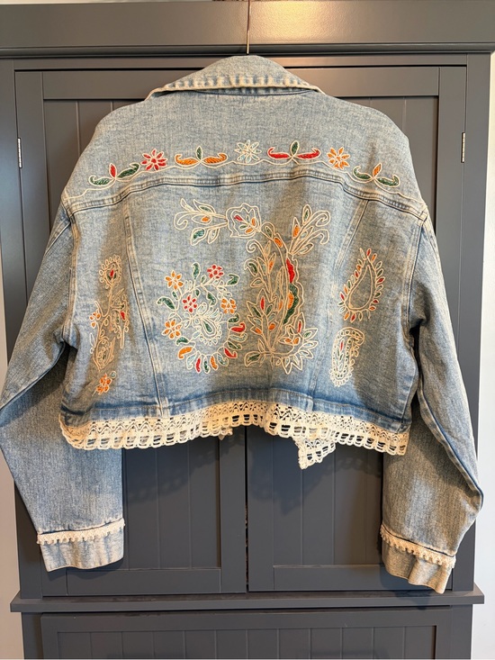 POL Jackets & Blazers - POL Light Blue Embroidered Cropped Denim Jacket with Lace Trim